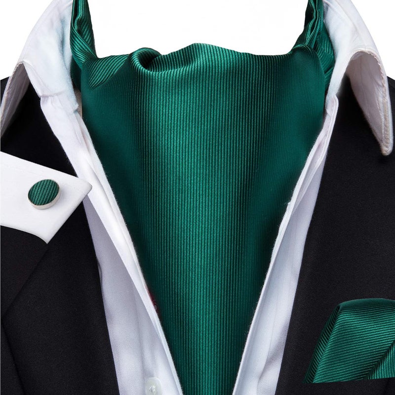 Dubulle Dark Green Ascot for Men Mens Solid Self Tie Cravat and Pocket Square Cufflinks Set Formal Wedding - Image 2